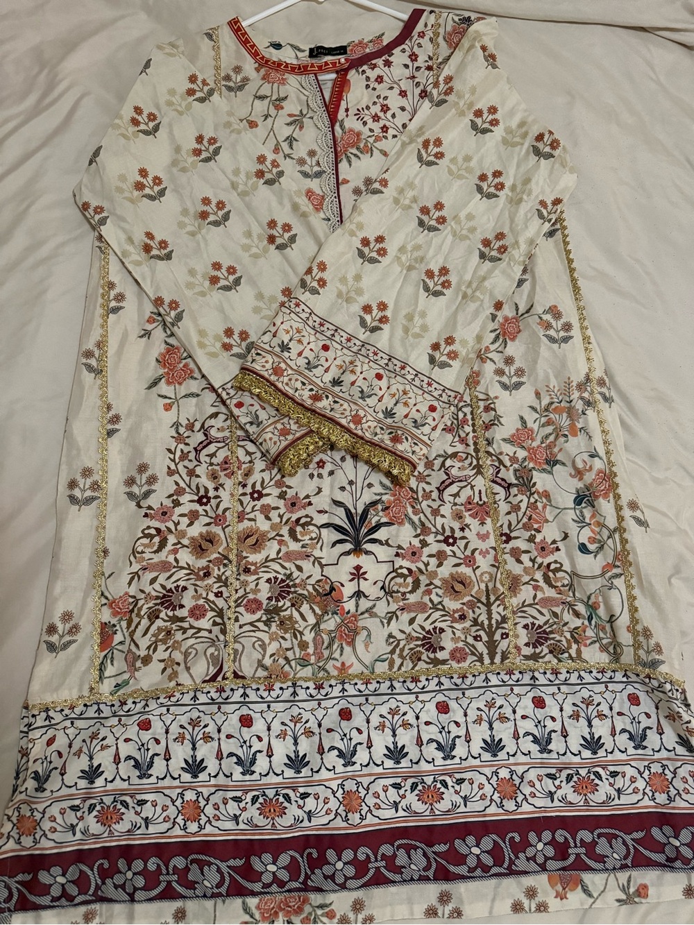 Cream Floral Embroidered Long-Sleeve Women's Dress